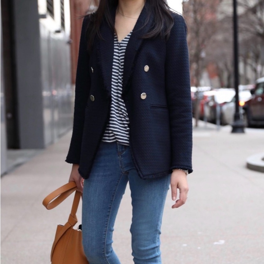 Ann Taylor Navy Blue Tweed Blazer